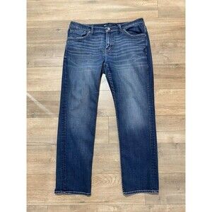 BKE Buckle Nolan Mens 36X32 Thick Stitch Blue Denim Jeans Whiskers Stretch
